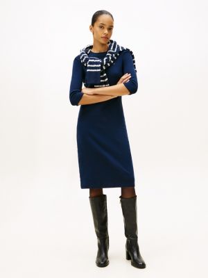 Puff-Sleeve Rib-Knit Dress, Dark Blue