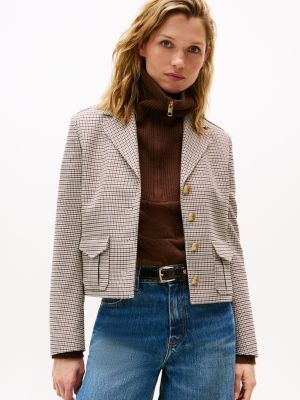Houndstooth Gold-Button Military Blazer, Beige Houndstooth