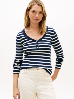 Gold-Button Scoop Neck Henley, Ecru / Dark Blue Stripe