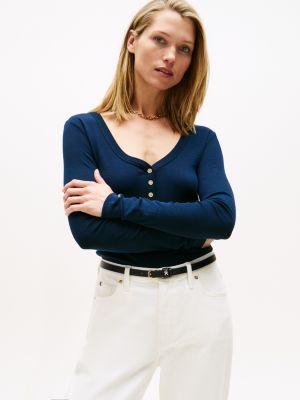 Gold-Button Scoop Neck Henley, Dark Blue