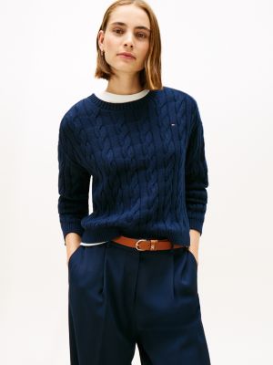 Tie-Back Cable Knit Sweater, Dark Blue