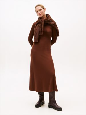 Boatneck Rib-Knit Midi Dress, Legacy Brown