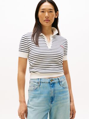 Short-Sleeve Striped Polo Sweater, Ivory Petal / Navy Stripe