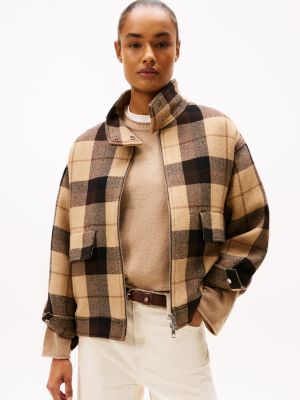 Plaid Wool-Blend Relaxed Jacket, Brown/ Ow Check