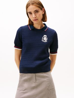 Short-Sleeve Crest Cable-Knit Sweater, Dark Blue