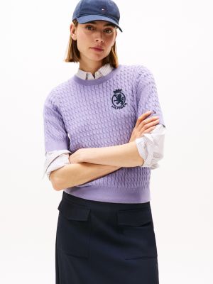 Short-Sleeve Crest Cable-Knit Sweater, Lavender Ash