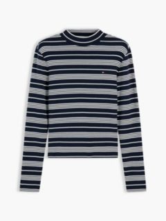 Mockneck Stretch Knit Top — Dark Blue / Ecru 5
