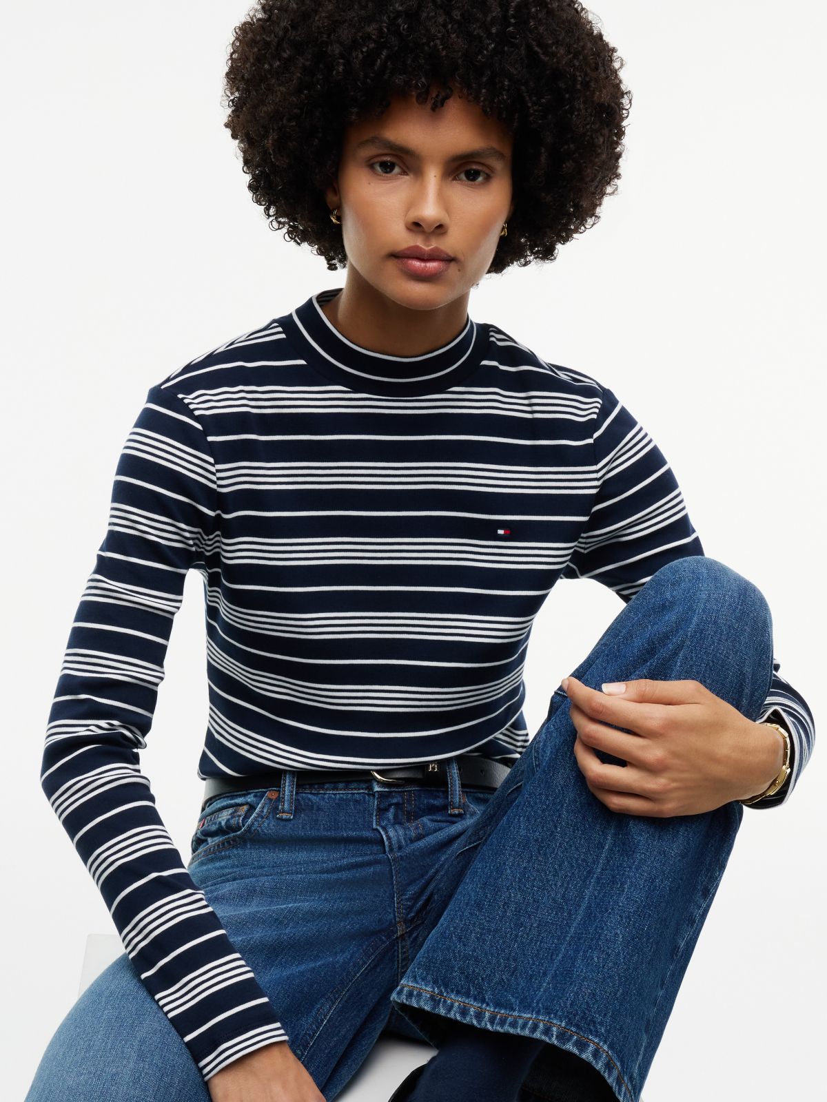 Mockneck Stretch Knit Top — Dark Blue / Ecru