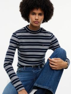 Mockneck Stretch Knit Top — Dark Blue / Ecru 3