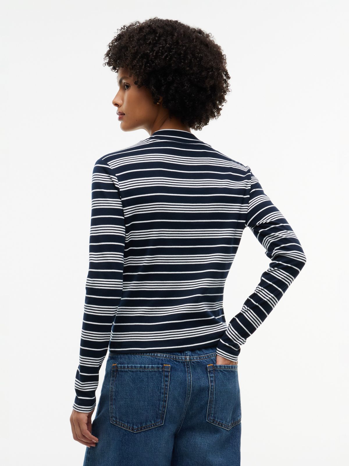 Mockneck Stretch Knit Top — Dark Blue / Ecru