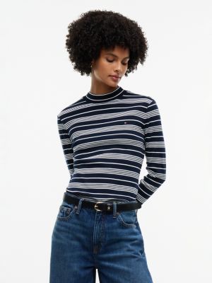 Mockneck Stretch Knit Top, Dark Blue / Ecru