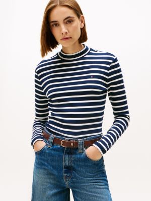 Mockneck Stretch Knit Top, Ecru / Dark Blue Stripe