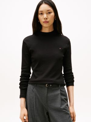 Mockneck Stretch Knit Top, Black