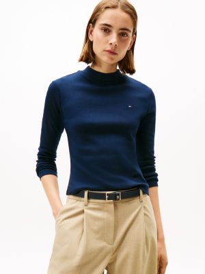 Mockneck Stretch Knit Top, Dark Blue