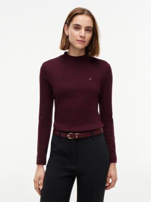 Mockneck Stretch Knit Top, Deep Burgundy