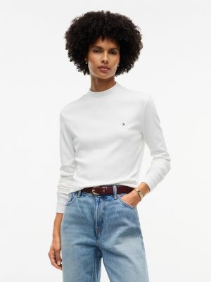 Mockneck Stretch Knit Top, Ecru