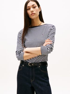Ribbed Boatneck Top, Ecru / Dark Blue Stripe