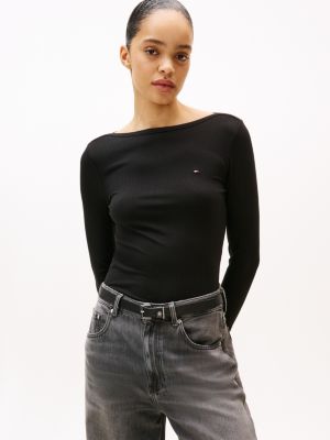 Ribbed Boatneck Top, Black