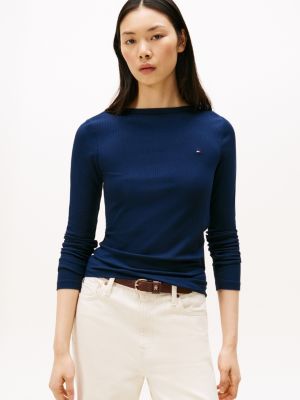 Ribbed Boatneck Top, Dark Blue