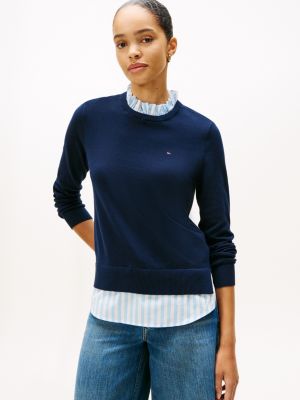Layered-Look Frill Collar Sweater, Dark Blue