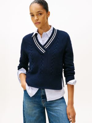 Cable Knit V-Neck Sweater, Dark Blue