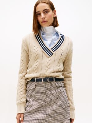 Cable Knit V-Neck Sweater, Sandalwood