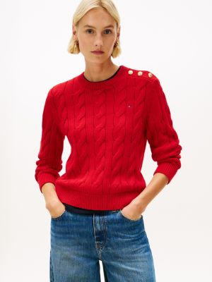 Gold-Button Cable Knit Sweater, Primary Red
