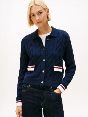Gold-Button Cable Knit Polo Cardigan, Dark Blue