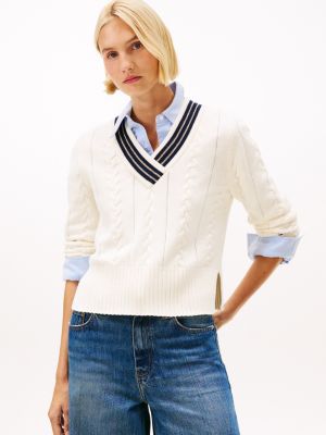 Shimmer Cable Knit V-Neck Sweater, Calico