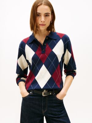 Cotton Argyle Sweater Polo, Red / White / Blue Argyle