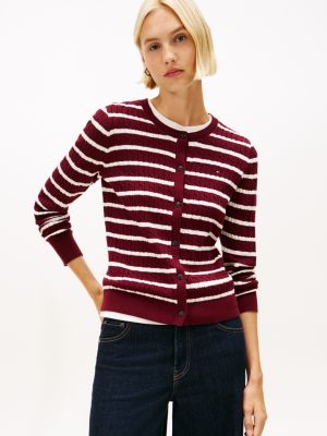 Stripe Cable Knit Cardigan, Burgundy / Ivory Silk Stripe