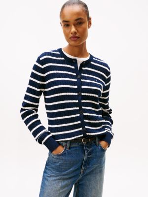 Stripe Cable Knit Cardigan, Dark Blue / Ivory Stripe