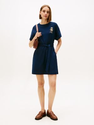 Gold Crest Logo Belted T-Shirt Dress, Dark Blue