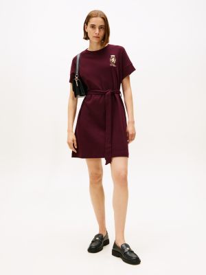 Gold Crest Logo Belted T-Shirt Dress, Deep Burgundy