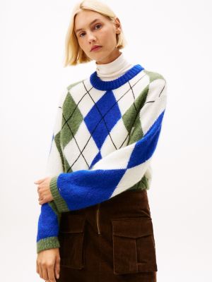 Oversized Argyle Alpaca Blend Sweater, Cobalt / Evergreen