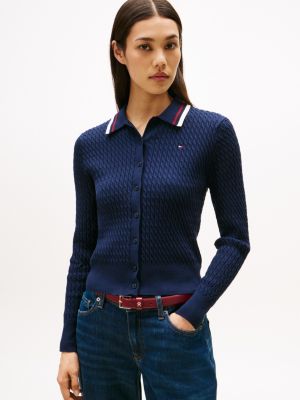 Cable Knit Polo Cardigan, Dark Blue