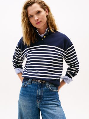 Gold-Button Stripe Mockneck Sweater, White Stripe