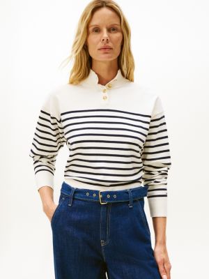 Gold-Button Stripe Mockneck Sweater, White Stripe