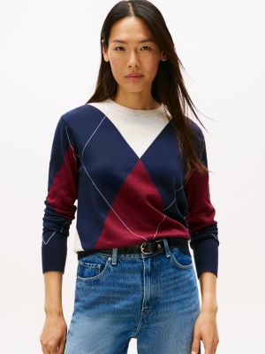 Cotton Argyle Crewneck Sweater, Red / White / Blue Argyle