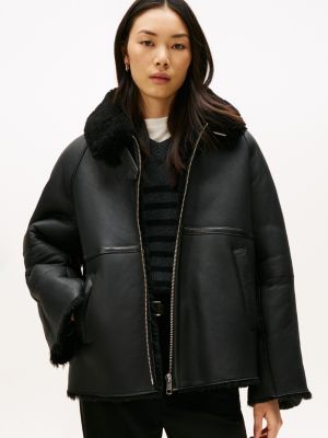 Shearling Leather Aviator Jacket, Black