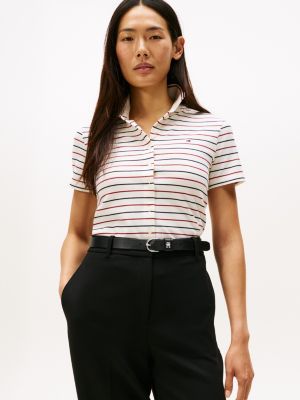Slim Fit Tipped Button-Down Stretch Polo, Multi Stripe Ivory / Red / Navy