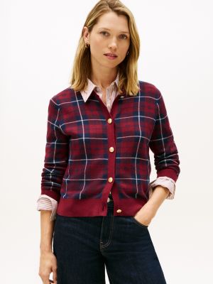 Gold-Button Tartan Jacquard Cardigan, Flag Tartan