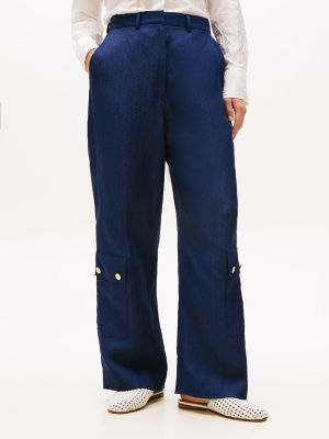 Silk and Linen Gold Button Cargo Pant, Dark Night Navy
