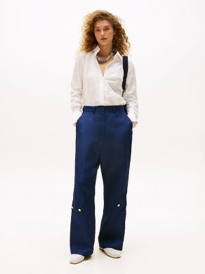 Silk and Linen Gold Button Cargo Pant, Dark Night Navy