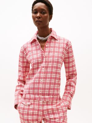 Silk-Blend Check Shirt, Cream / Red Check