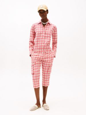 Silk Blend Check Capri Cargo Pant, Cream / Red Check
