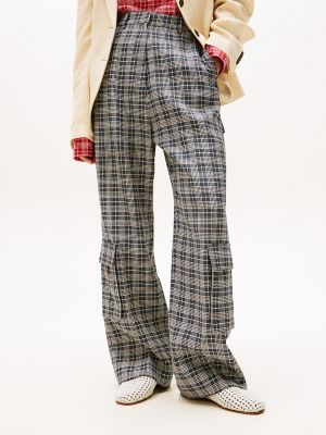 Silk Blend Check Cargo Pant, Navy Cream Check