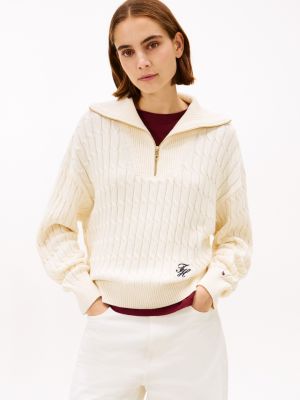 Cable Knit Quarter-Zip Sweater, Calico