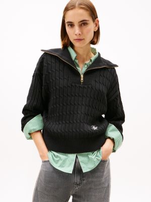 Cable Knit Quarter-Zip Sweater, Black