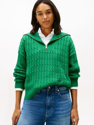 Cable Knit Quarter-Zip Sweater, Nouveau Green